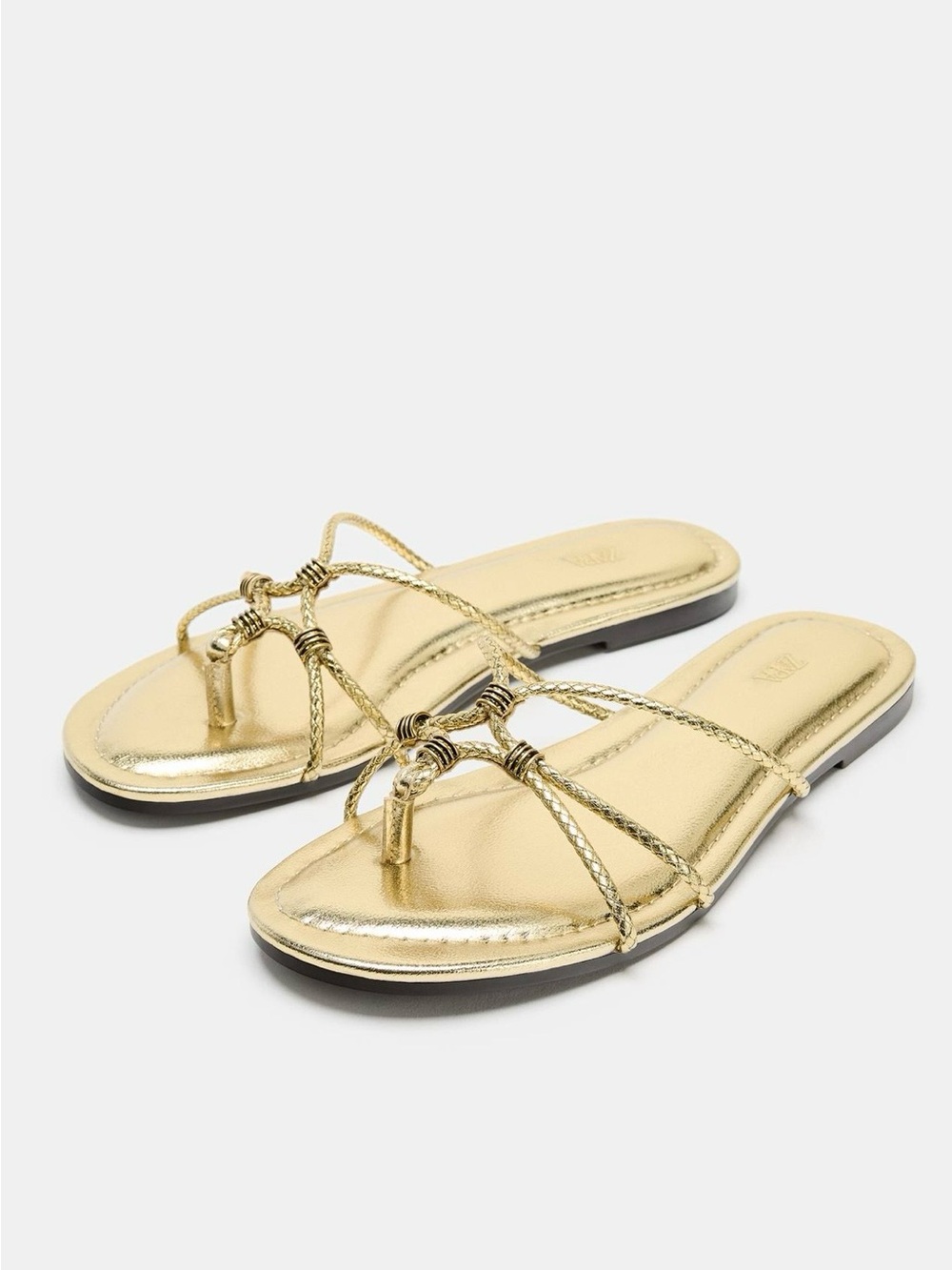 Zara NWT Gold Braided Strappy Toe-Ring Slide Sandals - Brand